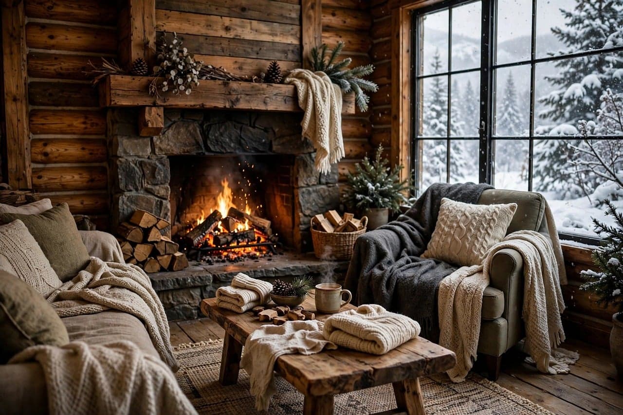 A warm sitting room with a fire lit, blankets on the chairs and snow outside the window