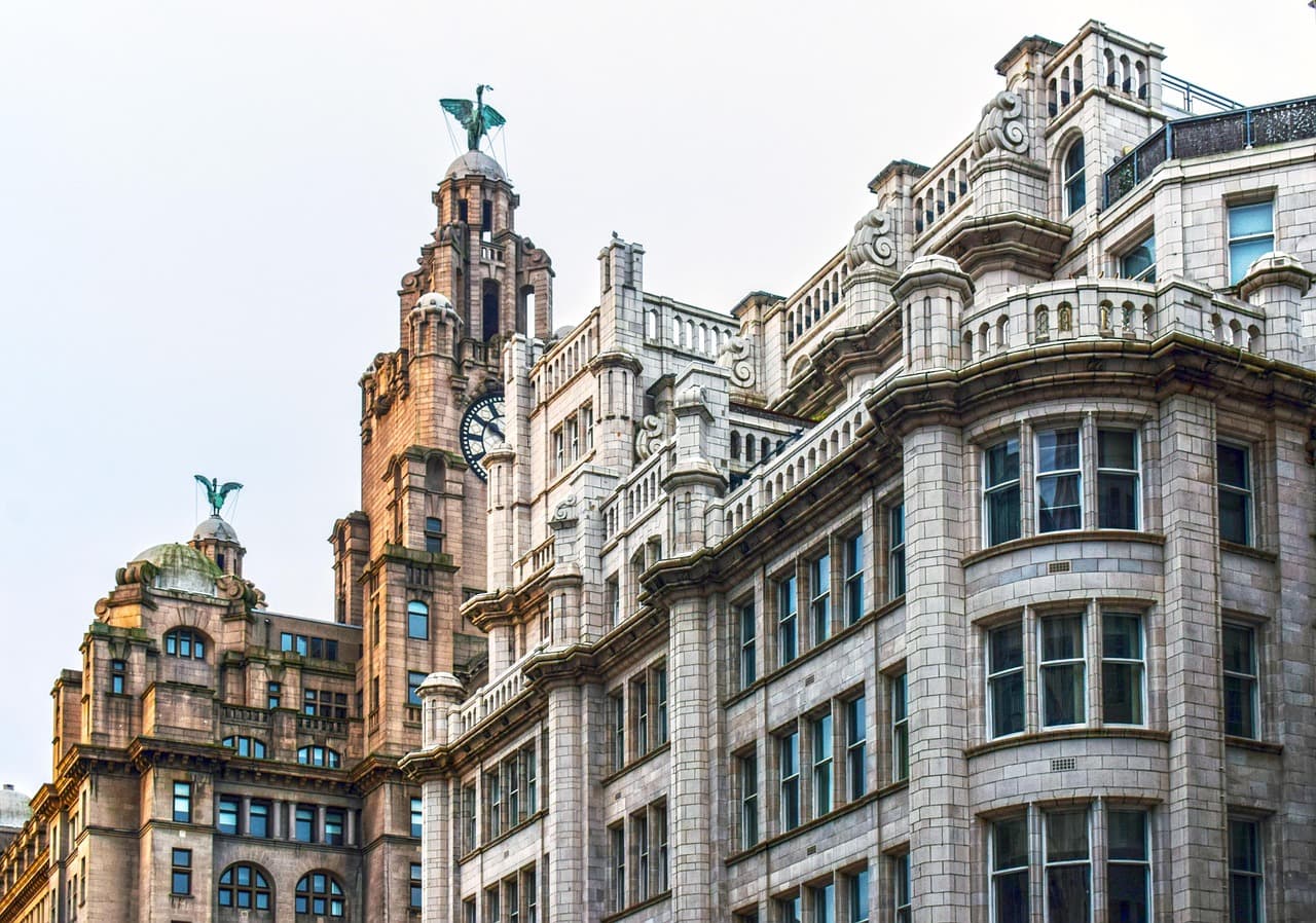 The Royal Liver Building, Liverpool, against a pale sky